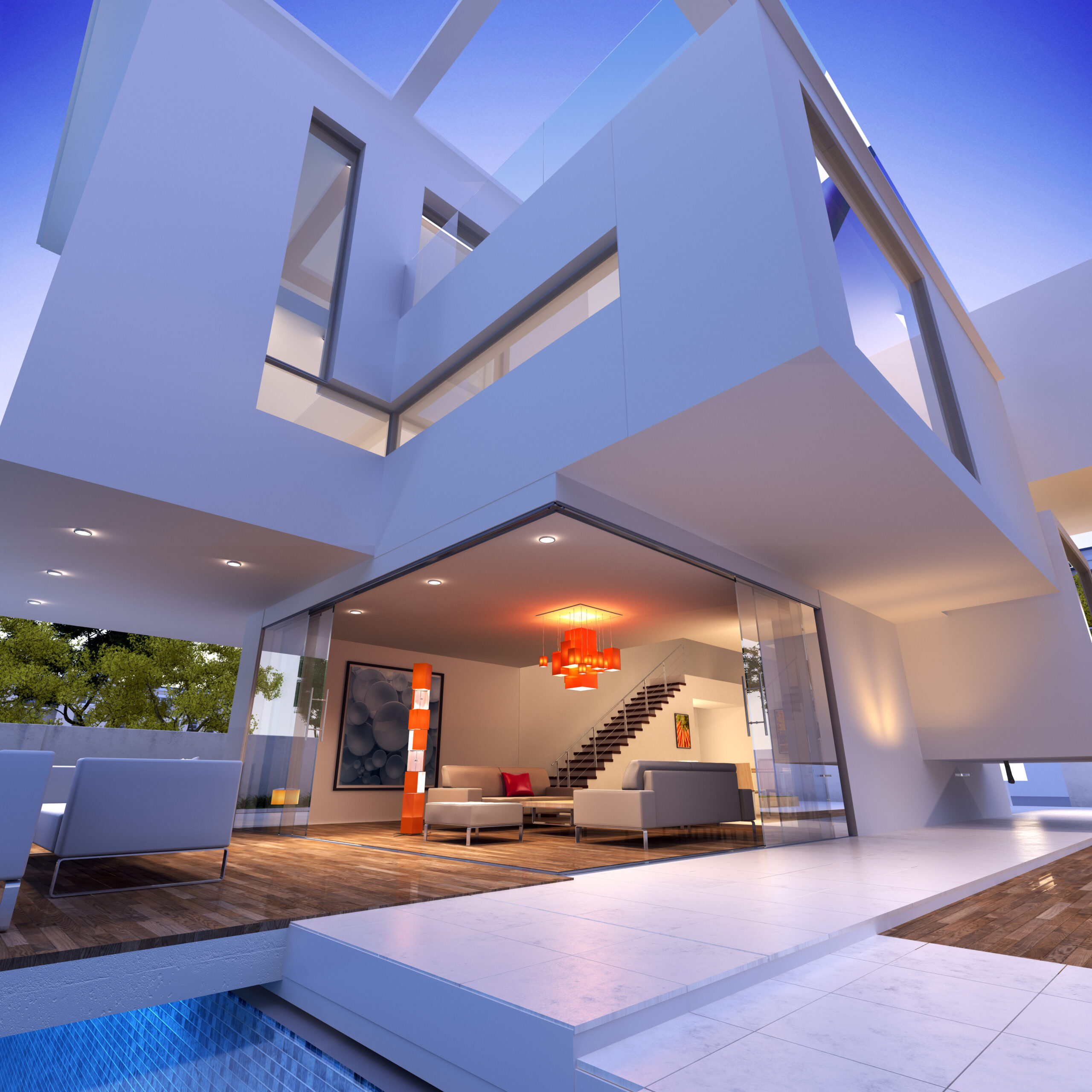 External view of a contemporary house with pool at dusk