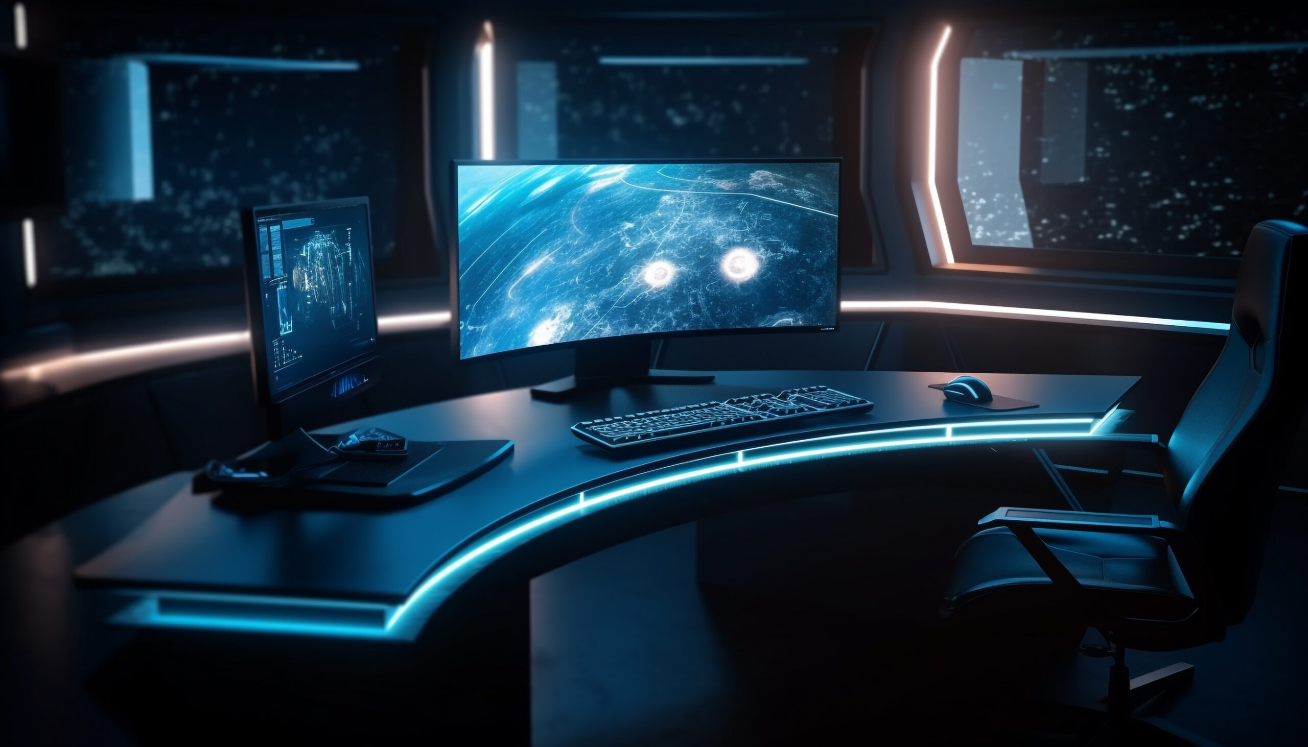 Uma cena futurista de um escritório criativo, com uma mesa de trabalho minimalista. Em cima da mesa, há dispositivos tecnológicos avançados, como tablets, laptops e um holograma de uma tela digital flutuante, mostrando gráficos e ícones relacionados a design e marketing. O ambiente é iluminado por luzes suaves e modernos, com uma estética limpa e inovadora, que transmite a ideia de criatividade, tecnologia e IA integrados ao design e marketing.